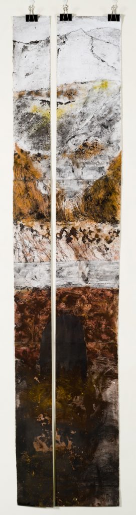Plynlimon Mine Memory 1. 225 cm high x 50cm wide. Collograph Print with iron and oxides from the mine area