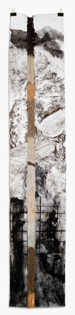 Plynlimon Mine Memory 3255 cm high x 50cm wide. Collograph Print with materials; earth, stone, peat etc; from the mine area