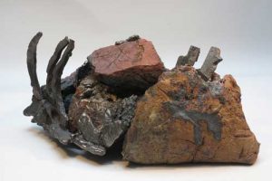 MINE MEMORY 14.  mine spoil rocks, cast iron, ceramic. 44cm long x 18cm high x 30cm deep